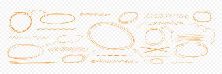 Hand drawn doodle red crayon brush lines, chalk and brush stroke vector elements. Arrows, abstract shapes isolated on transparent background. Red sketched doodle arrows pointing in various directions ©  