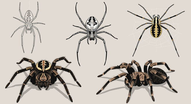 Collection of detailed spider illustrations featuring diverse species like jumping spiders, web-building spiders, and large furry tarantulas.