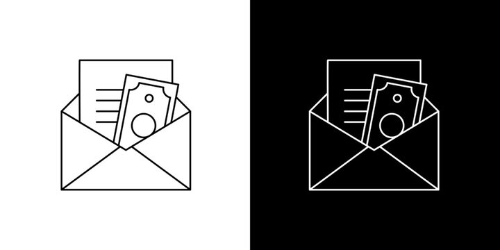 Open envelope with paper document and cash money banknote line icon for bribe or payment concept