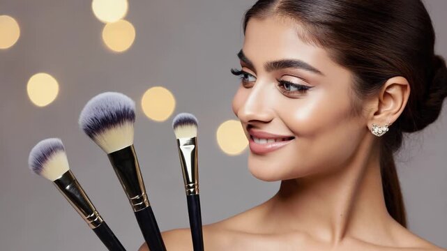 Young woman applying makeup with brush on face