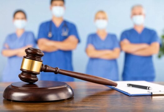 Gavel on wooden desk with blurred healthcare workers in blue scrubs and medical masks standing in background symbolizing medical malpractice legal justice healthcare liability concept