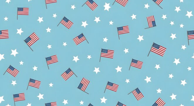 Seamless pattern with american flags and white stars on a light blue background
