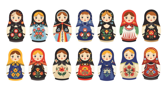 Traditional Russian matryoshka nesting dolls with intricate floral patterns and colorful costumes in a diverse row.