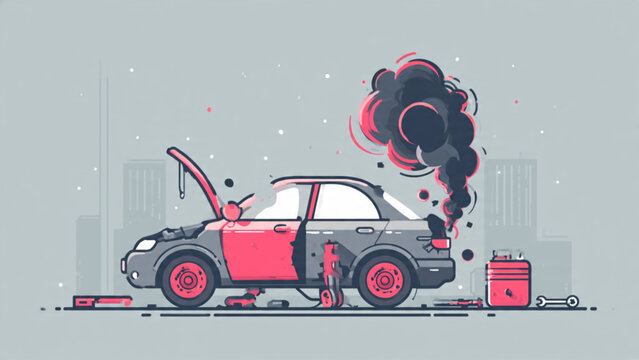 Burnt car with smoke and fire damage in urban setting with destruction and chaos