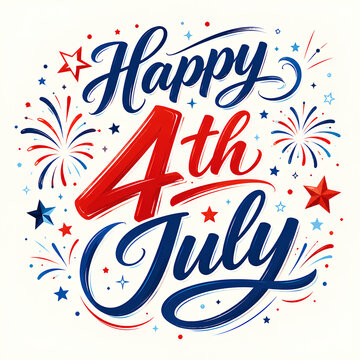 Bold Happy Fourth of July Lettering with Fireworks and Patriotic Stars