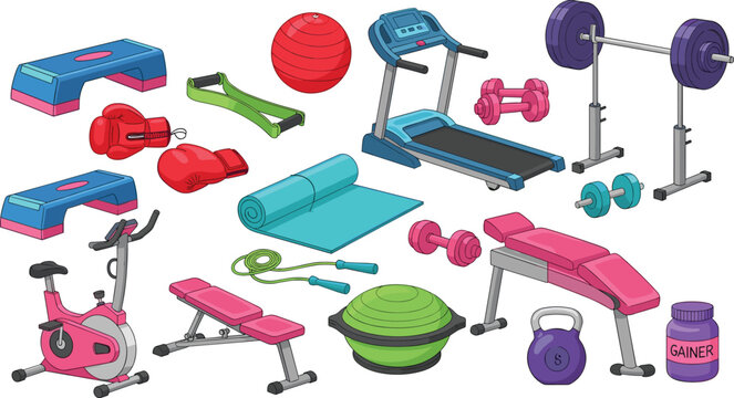Fitness Equipment Icon Set with Dumbbells, Treadmill, Exercise Bike, Resistance Bands, and Workout Gear for Health, Gym, and Training Designs