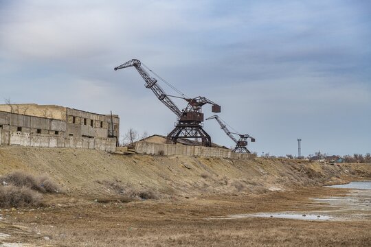 Rusty cranes, Aralsk, Aral lake, Kazakhstan