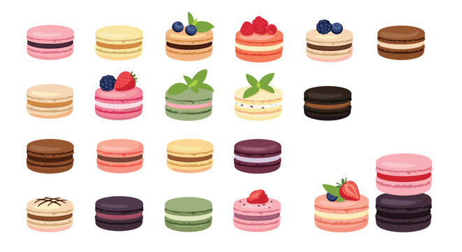 Colorful French macarons with different fillings and berry toppings for bakery, patisserie, and dessert menus.