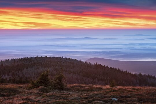 Dawn on the Brocken, view over hills and forests with valley fog, Harz National Park, Saxony-Anhalt, Germany