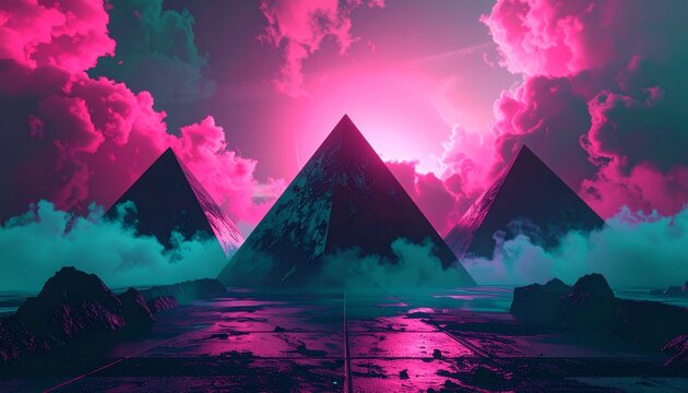 Egyptian desert landscape illustration with ancient pyramids of Giza, a silhouette tent, and a boat on the river water under a sunset sky