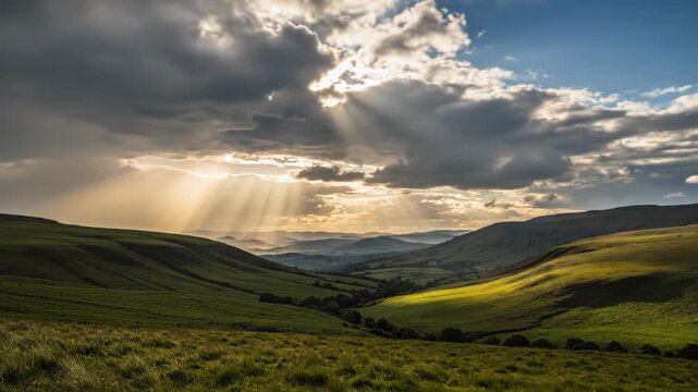 Dramatic sunbeams and crepuscular rays breaking through heavy storm clouds over green rolling hills and rural valley landscape during golden hour with late afternoon sunlight.