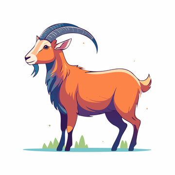 Cartoon Illustration of a Brown Goat with Large Horns