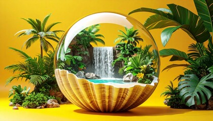 Obraz premium Beautiful tropical island with lush coconut palm trees on a sandy beach by the summer ocean landscape illustration