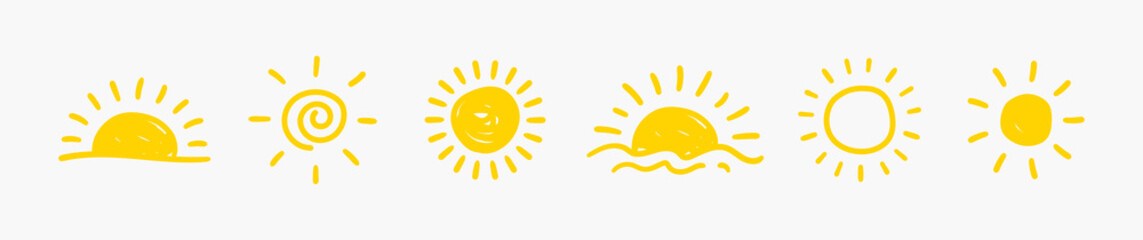 Set of bright yellow minimal hand-drawn different sun on white background, drawing, simple cute vector illustration hand-drawn in doodle flat style © Мария Кривецкая
