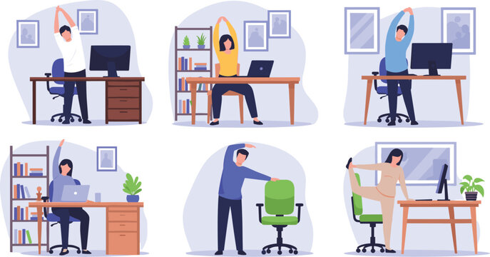 Office Desk Stretching and Yoga Exercises Illustration Set for Posture Improvement and Healthy Work Routine Designs