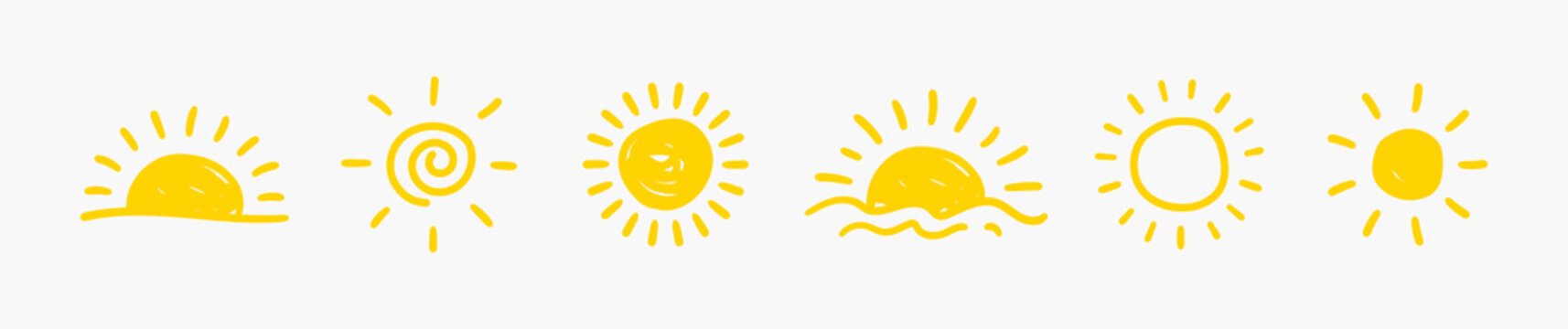 Set of bright yellow minimal hand-drawn different sun on white background, drawing, simple cute vector illustration hand-drawn in doodle flat style