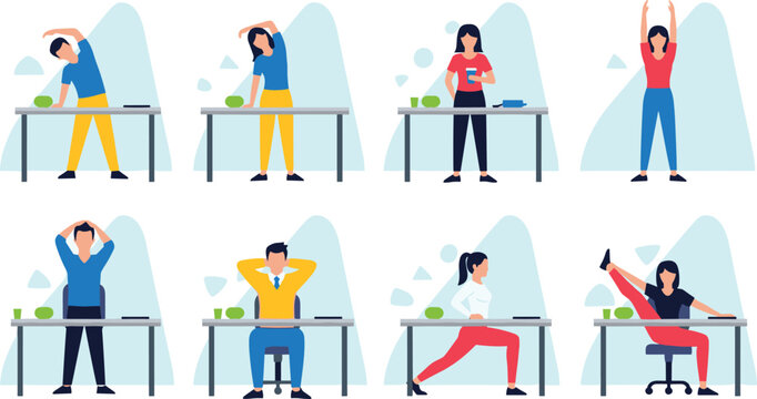 Office Desk Stretching Exercises Illustration Set Featuring Yoga, Stretching, and Posture Correction for Healthy Workday Designs