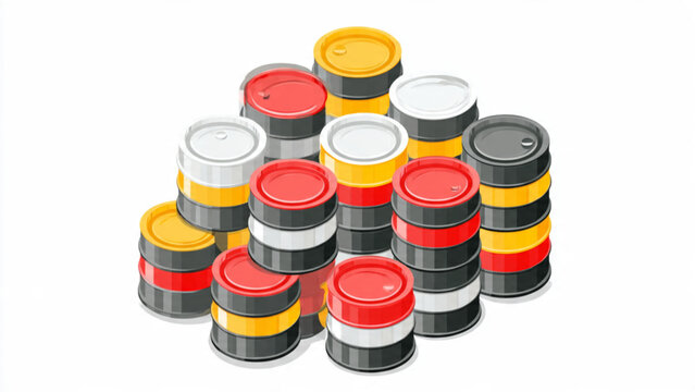 Stacked oil barrel barrels with red yellow black white colors on white background