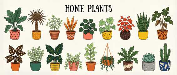 Obraz premium Hand drawn home plants collection, 18 flat vector potted houseplant illustrations, botanical indoor garden greenery set for interior design decor