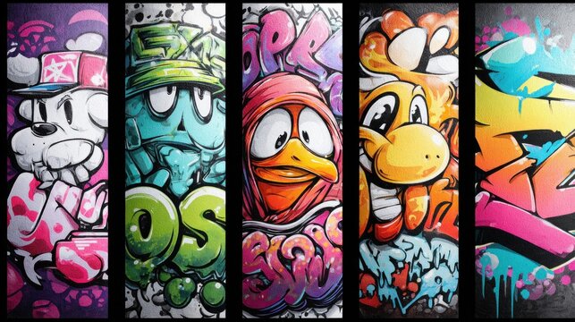 Colorful Graffiti Art Featuring Cartoon Characters and Street Art Style