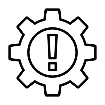 Black gear icon with a centered exclamation mark symbol representing a warning or technical maintenance notice isolated on a white background, maintenance concept