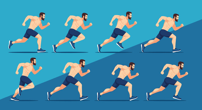 Sequence of animation frames showing a shirtless athletic man running in dark blue shorts against a split blue and light blue background.