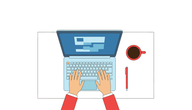 Professional hands type on a laptop keyboard displaying software interface while sitting at a clean desk with a red pen and hot coffee mugs.