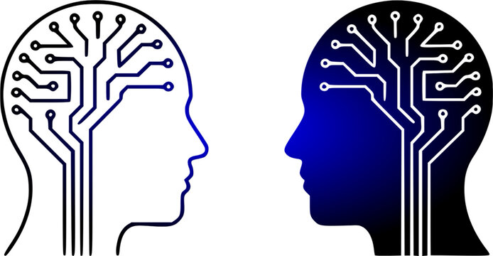 Modern artificial intelligence vector illustration of human head outlines and blue gradient silhouettes with digital circuit board brains, perfect for technology and cyber concepts.
