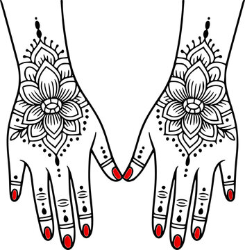 Beautiful henna tattoo vector illustration featuring a pair of female hands decorated with a detailed black ink lotus flower mandala design and vibrant red painted fingernails.