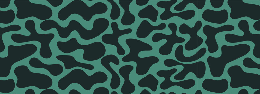 Dark green organic blob pattern on emerald backdrop. Fluid shapes, waves, amoeba, splashes in seamless camouflage texture. Vector groovy design. Template for fabric, army, camo, print overlay.