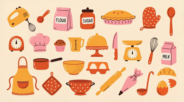 Retro baking kitchen icons set, vintage hand drawn culinary tools and ingredients vector, warm orange and pink pastry cooking equipment collection