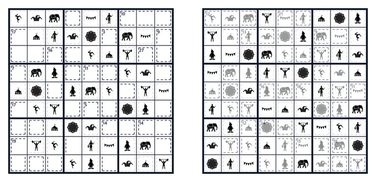 Killer Sudoku puzzle and solution for kids. Educational math and logic game worksheet with circus icons and dashed cages. Printable brain teaser activity page