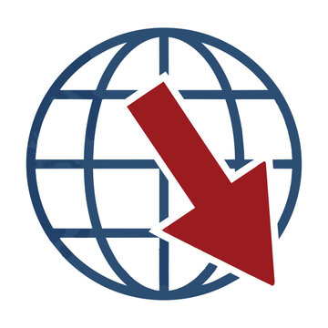 Minimalist globe icon with a sharp downward arrow on white background representing global financial crisis and economic downturn concept