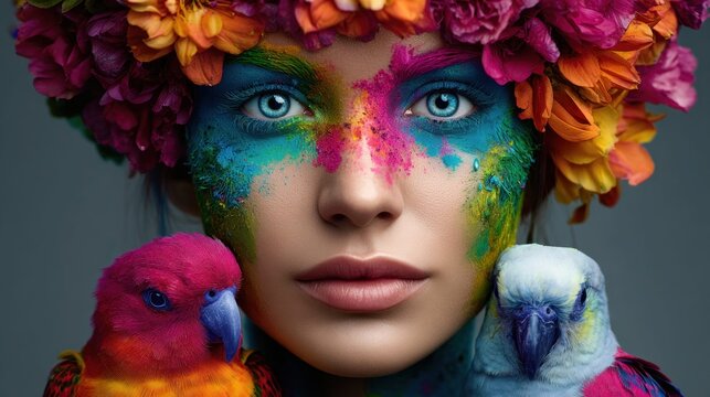 Woman with colorful face paint, flower crown, and parrots
