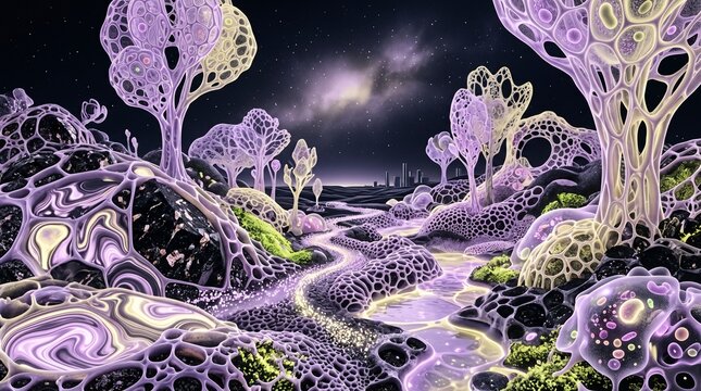 Futuristic cyber sci-fi Microcosmic Macro, minerals with macroscopic flora ecosystem