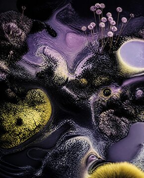 Futuristic cyber sci-fi Microcosmic Macro, minerals with macroscopic flora ecosystem