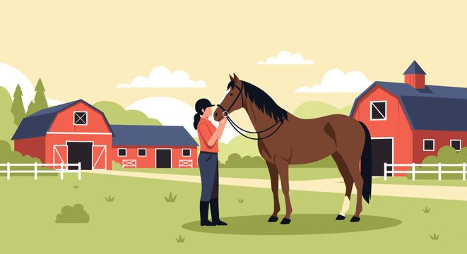 Peaceful countryside farm landscape with a girl standing next to her horse in front of classic red barns under a bright sunny sky with clouds.