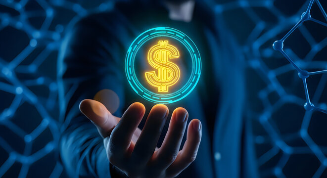 Businessman holding glowing dollar sign, finance concept, money and technology, digital currency technology
