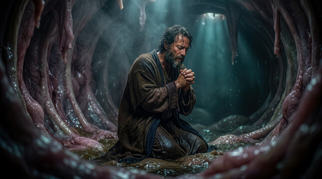 Jonah kneeling in prayer inside the belly of a great fish.	
