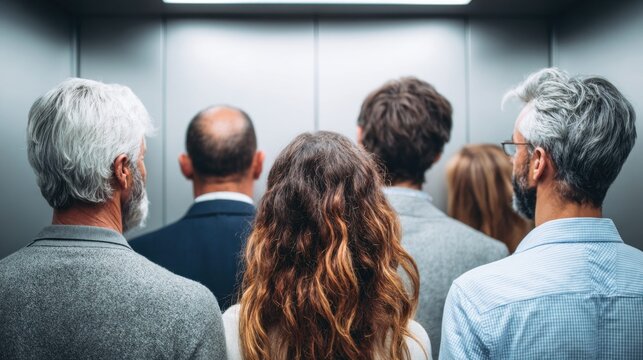 People ride an elevator together, facing forward, with a variety of hairstyles and clothing
