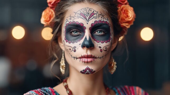 Beautiful woman with sugar skull makeup for Day of the Dead celebration