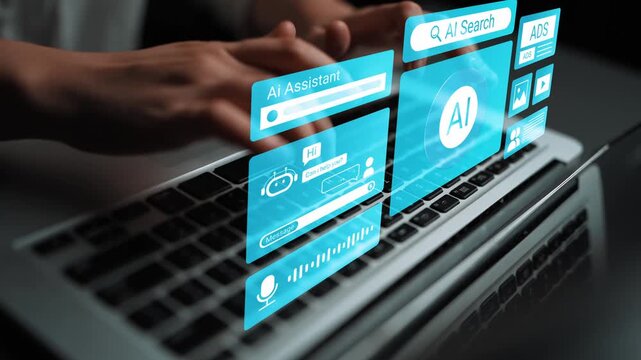 Futuristic Technology Concept of AI Assistant with Interactive User Interface on Laptop for Enhanced Productivity and Search Efficiency Gluon.