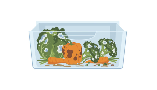 A clear refrigerator drawer contains spoiled, moldy vegetables like broccoli and peppers, illustrating food waste in a domestic kitchen.