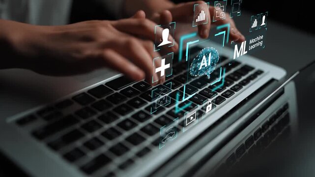 Hands Typing on a Laptop with Artificial Intelligence and Machine Learning Icons in a Modern Digital Workspace Gluon.
