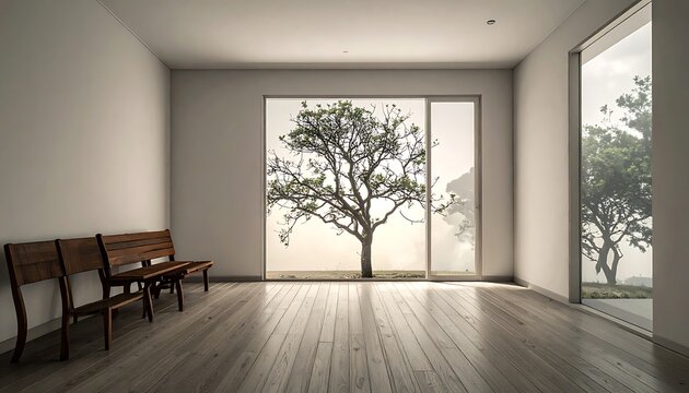 Minimalist interior with tree view.