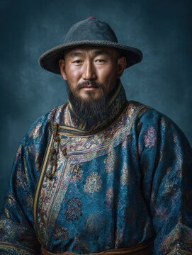 Mongolian man wearing traditional deel robe in professional studio portrait