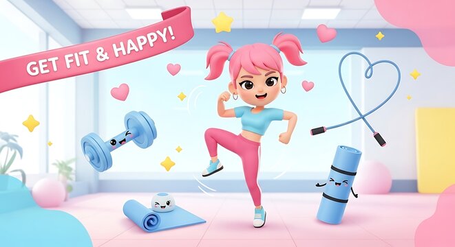 Cartoon child exercising with fitness equipment in bright room.