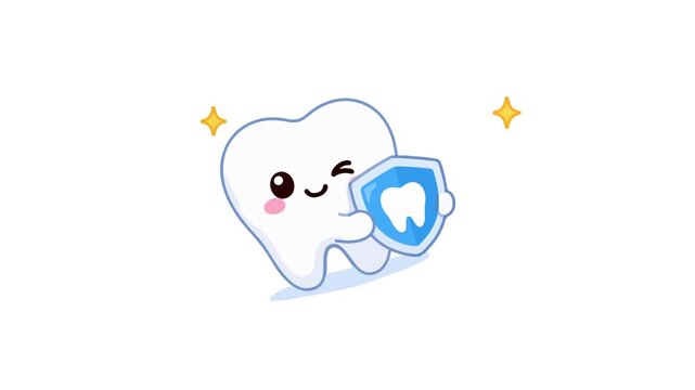 Cute tooth character with shield and sparkles