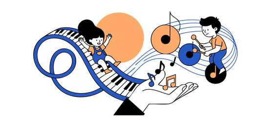 Kids music concept illustration vector, children playing piano roller coaster and vinyl drums in giant hand, creative music education, fun learning, childhood joy and musical fantasy banner. © Dinali