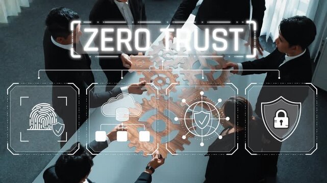 Collaborative Business Meeting on Cybersecurity Concepts Featuring a Zero Trust Approach with Visuals of Technology and Teamwork in a Modern Workspace Sigmoid